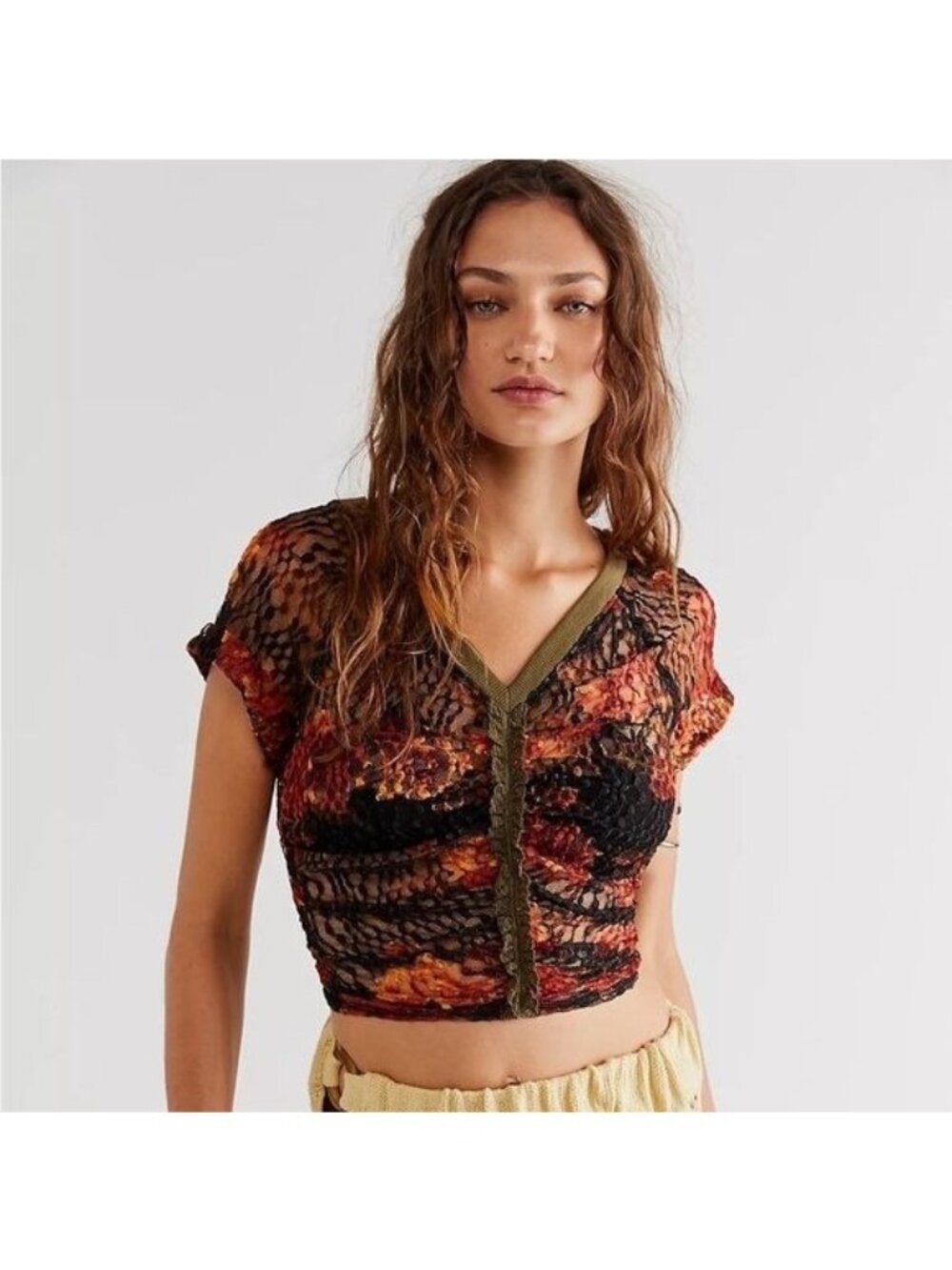 NWT Free People Black Orange Boho Sheer Lace Top Women M Ruched Cropped Floral